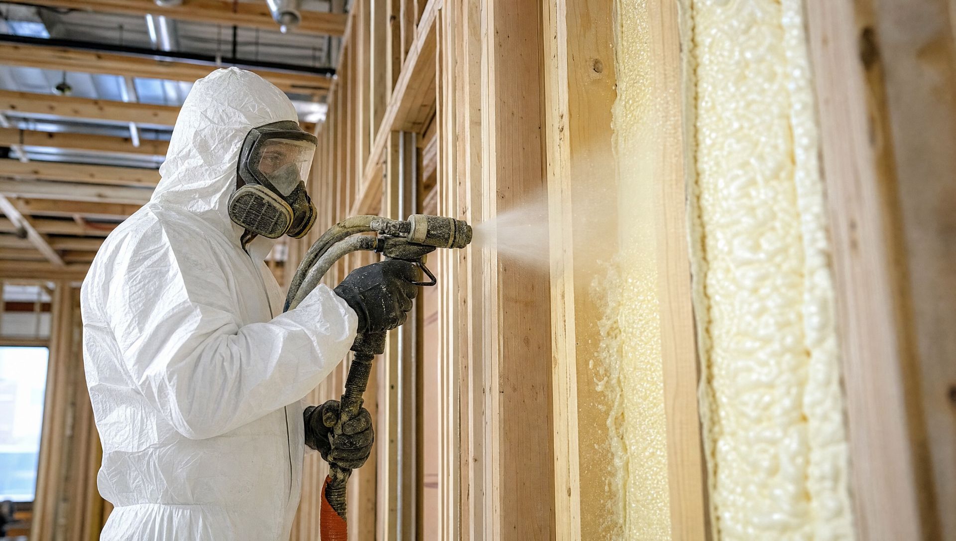 Contractor spraying spray foam insulation between wall studs Contractor spraying spray foam insulation between wall studs